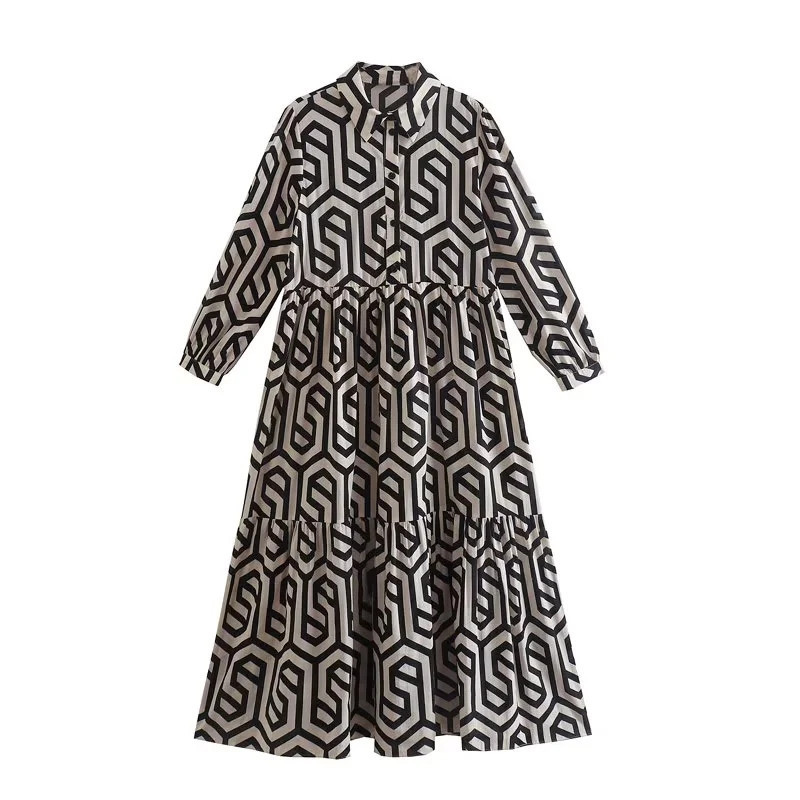 Women's Long Sleeve Polo Collar Green Geometric Print Shirt Dress