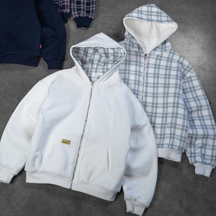 Reversible Plaid Zip-Up Hooded Jacket Unisex