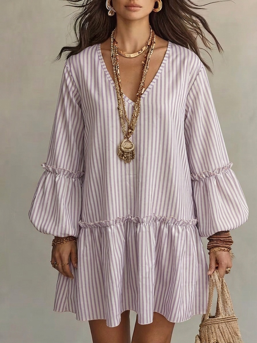 Women's Striped Print V-Neck Lantern Sleeve Loose Short Dress
