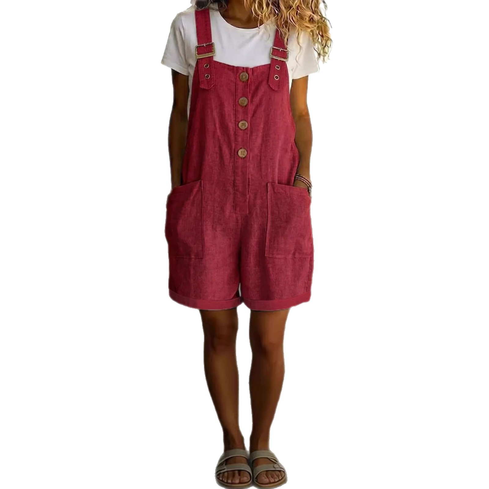 Women's Cotton-Linen Solid Color Vintage Straight-Leg Overall Shorts with Pockets