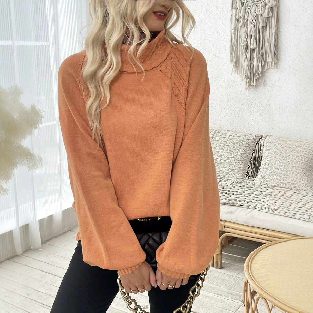 Wheat Stitch Knit Half Turtleneck Sweater with Puff Sleeves