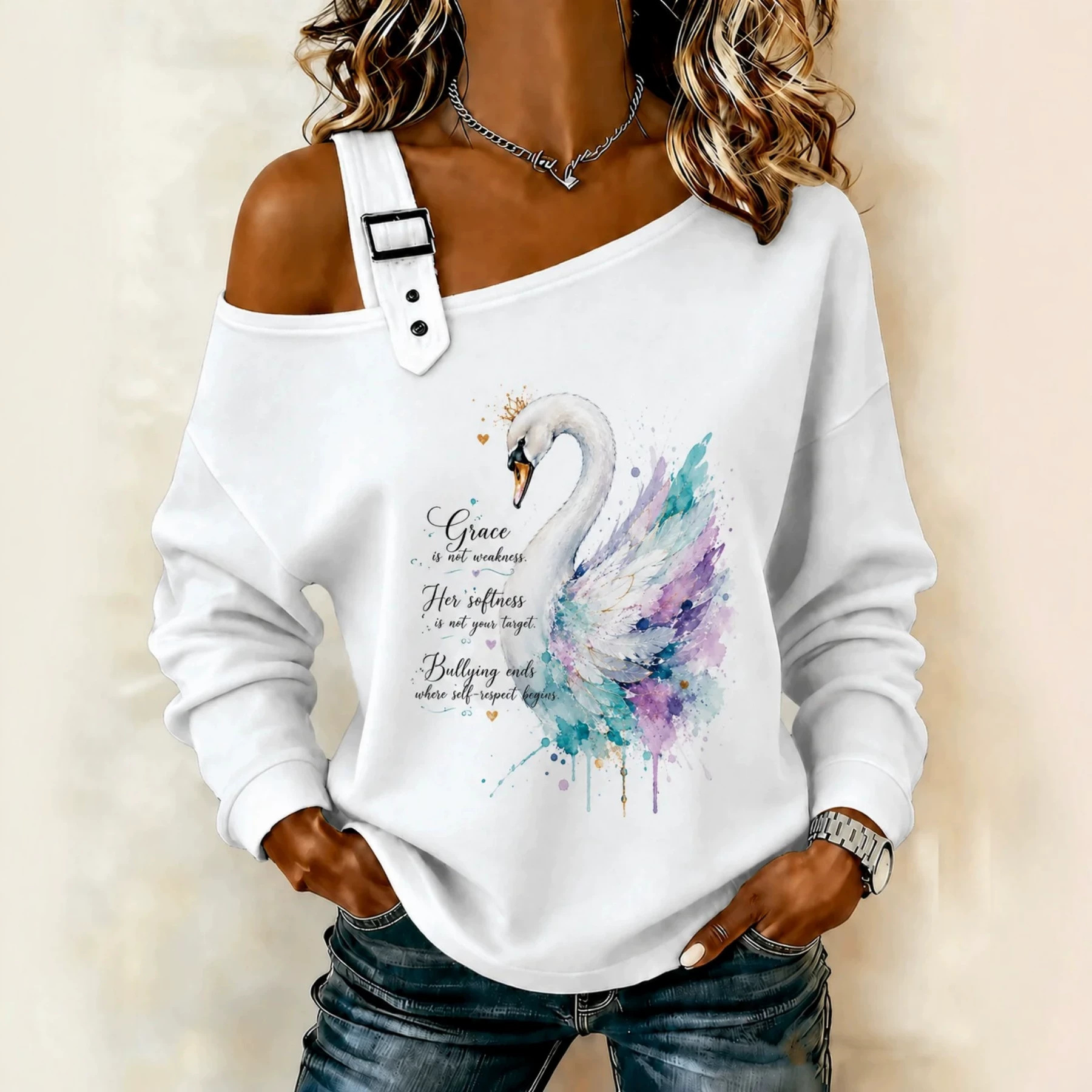 Swan Hummingbird Floral Print Crewneck Long Sleeve Pullover Sweatshirt