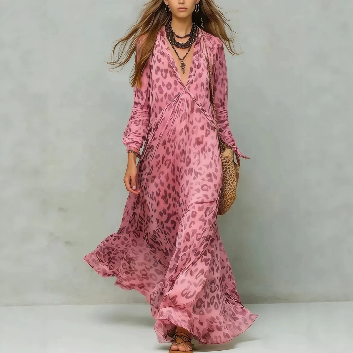 Women's Lantern Sleeve Chiffon Dress Deep V Neck Ruffled Long Geometric Print