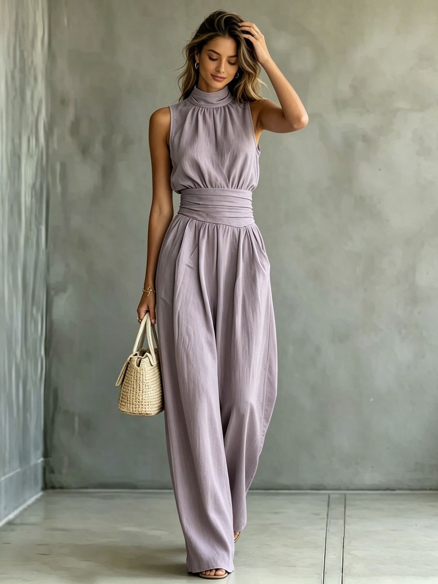 Women's Sleeveless Mock Neck Wide Leg Jumpsuit Solid Casual Long Pants