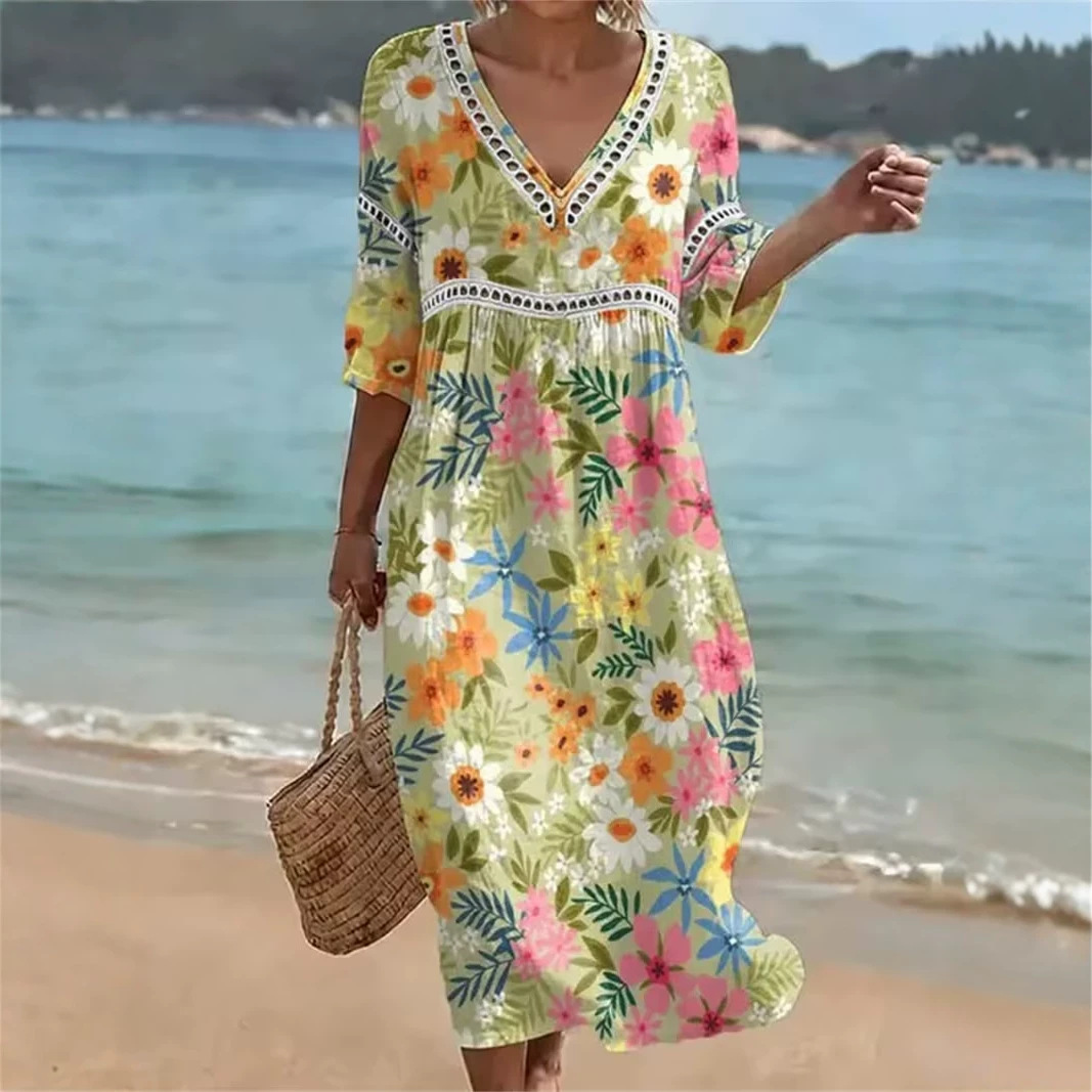 Women's Floral Print Pleated Midi Dress Deep V-Neck Five-Sleeve Slim Fit