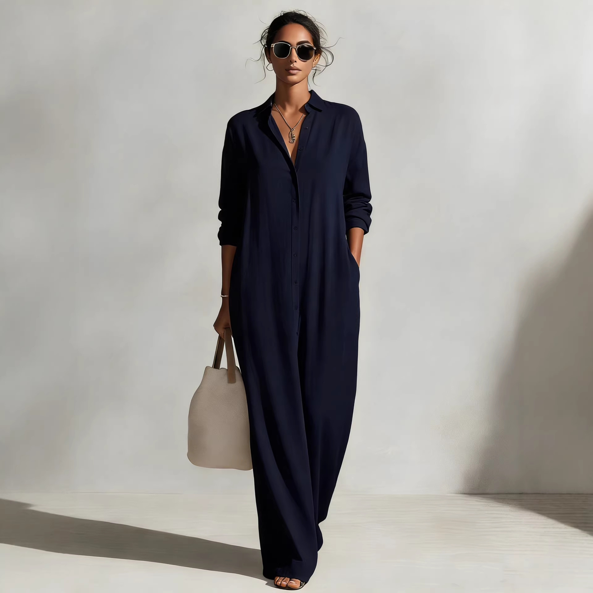 Women's Long Sleeve Polo Neck Shirt Dress Casual Solid Color Long Dress