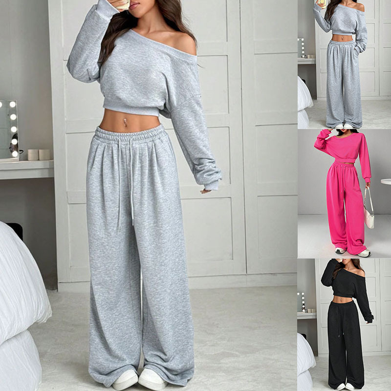 Women's Slim Fit Long Sleeve Top and Pants Set Solid Color Knit