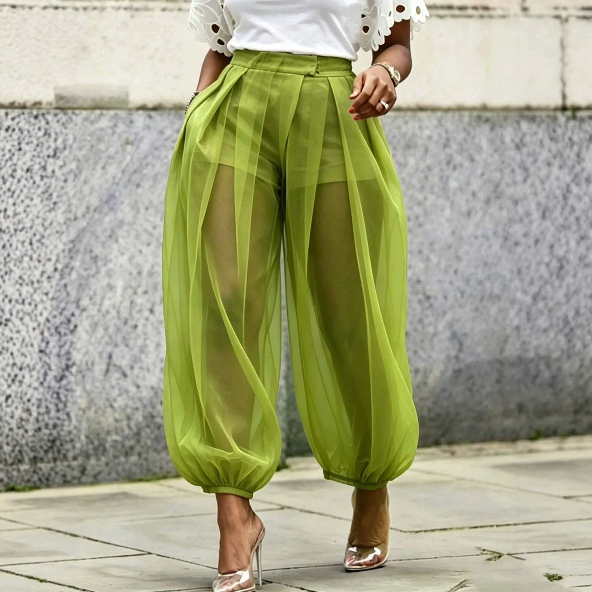 Sheer Mesh Solid Color Loose Lantern Pants