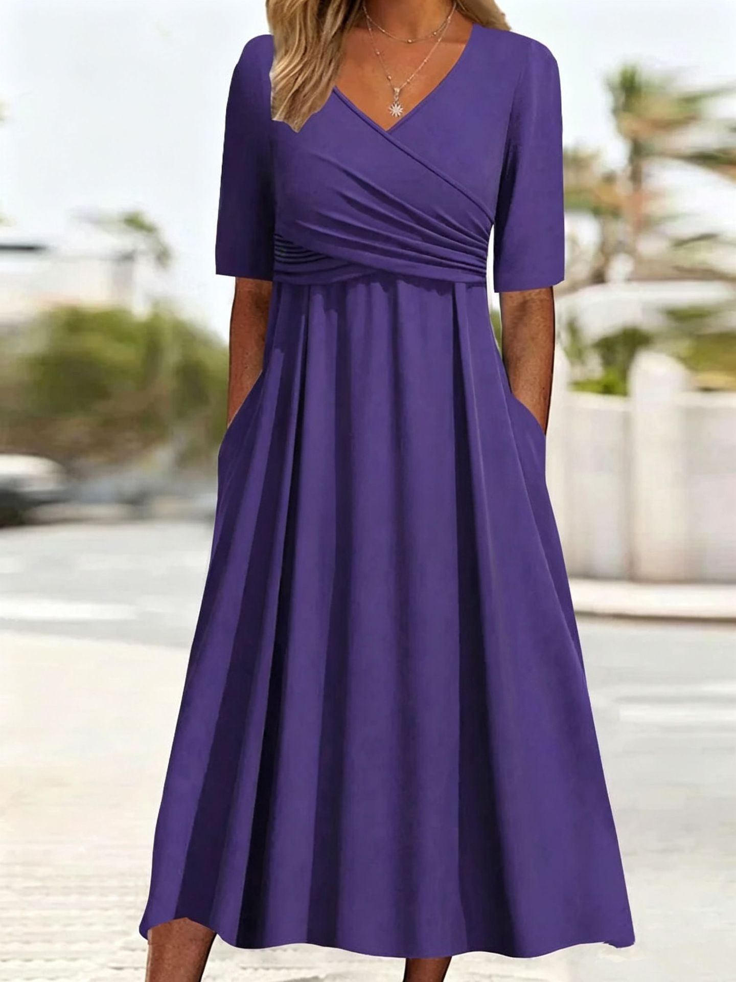 Women's Elegant Solid V-Neck Midi Sleeve Maxi Dress