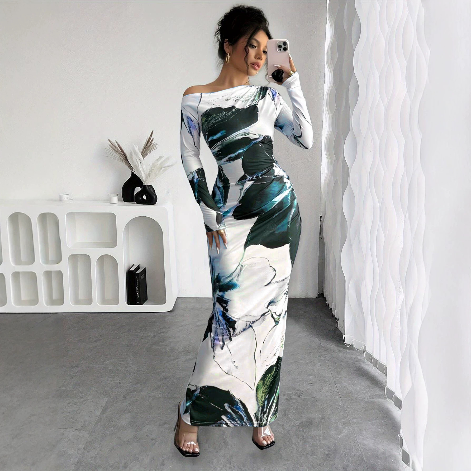 Off-Shoulder Floral Print Bodycon Long Dress