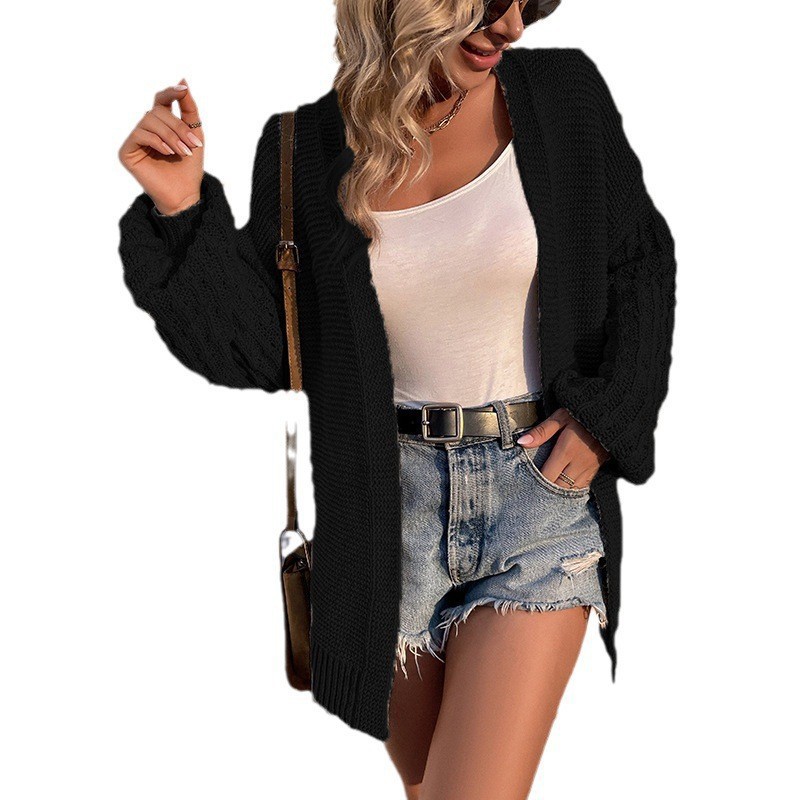 Women's Mid-Length Knit Cardigan Sweater with Lantern Sleeves, Solid Color
