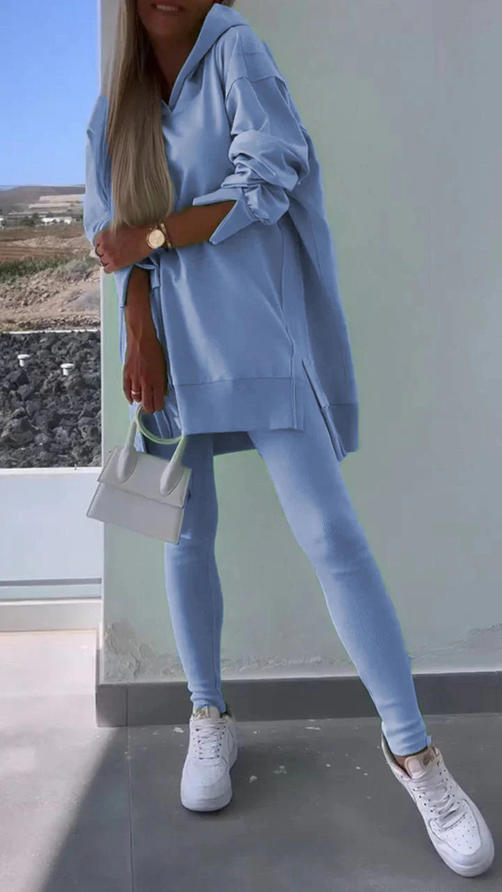 Women's Casual Hooded Split Top and Leggings Two-Piece Set