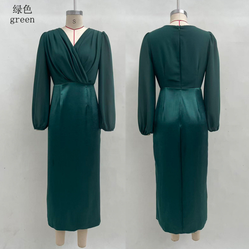 Women's Solid Color Waist-Cinching Long Sleeve Dress