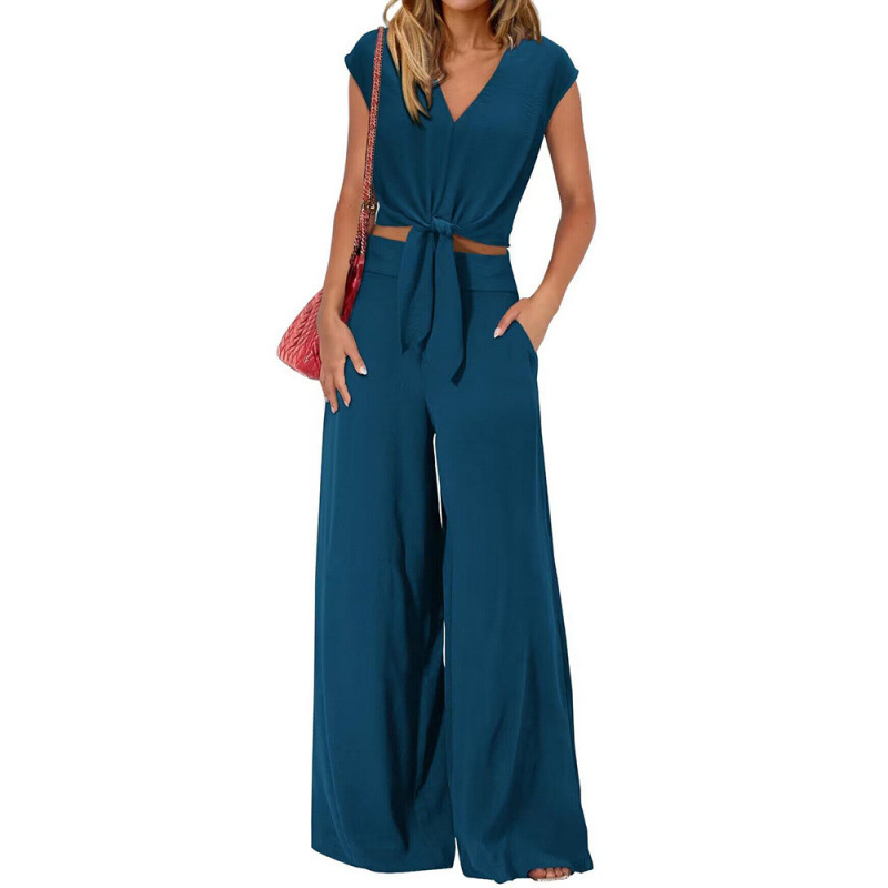 Women's V-Neck Tie-Front Crop Top & Wide-Leg Pants Set