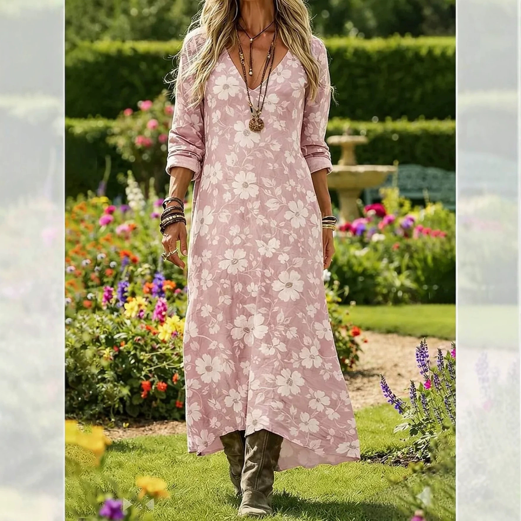 Women's Floral Print Casual Midi Dress Short Sleeve V-Neck