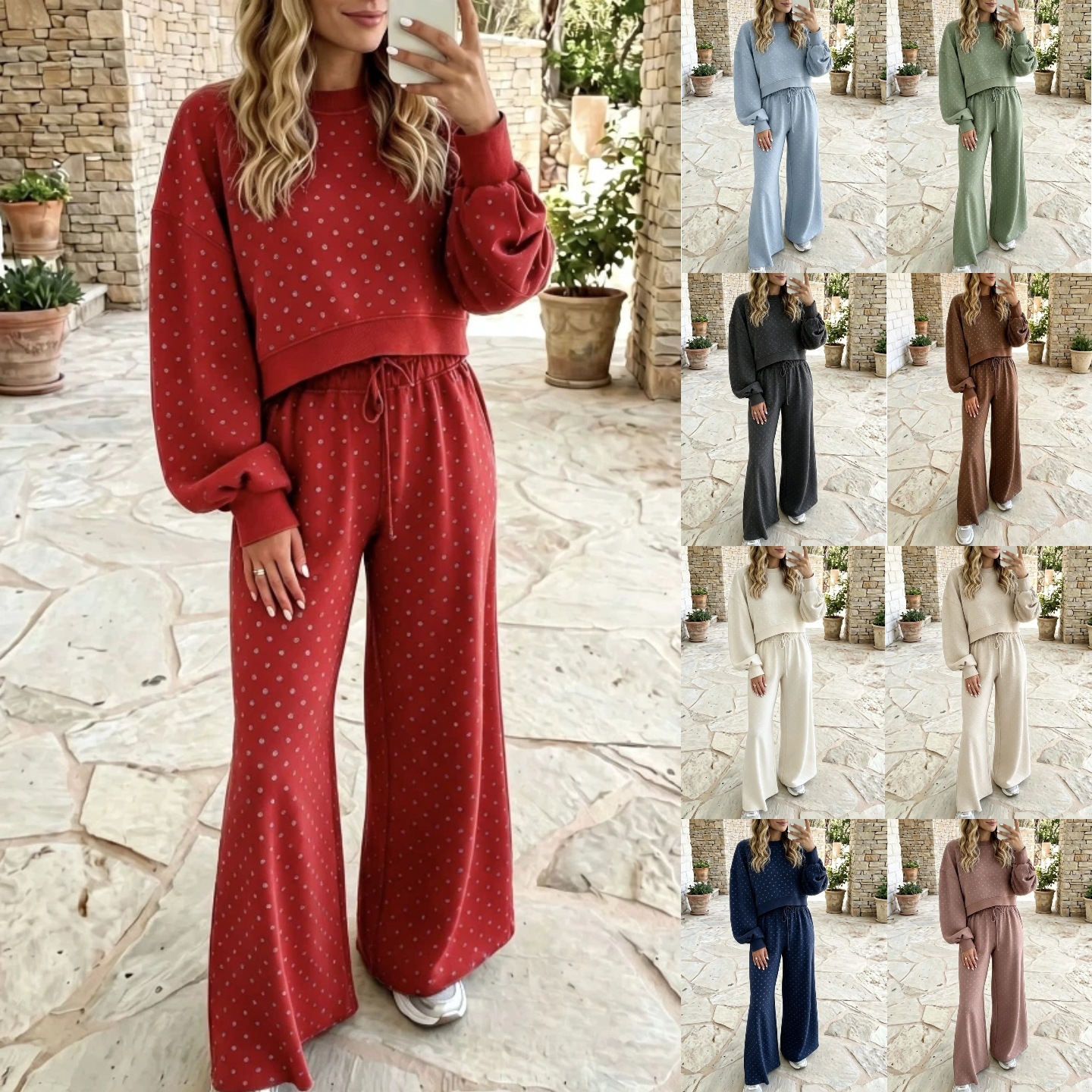High-Waist Polka Dot Print Wide-Leg Pants Set Women