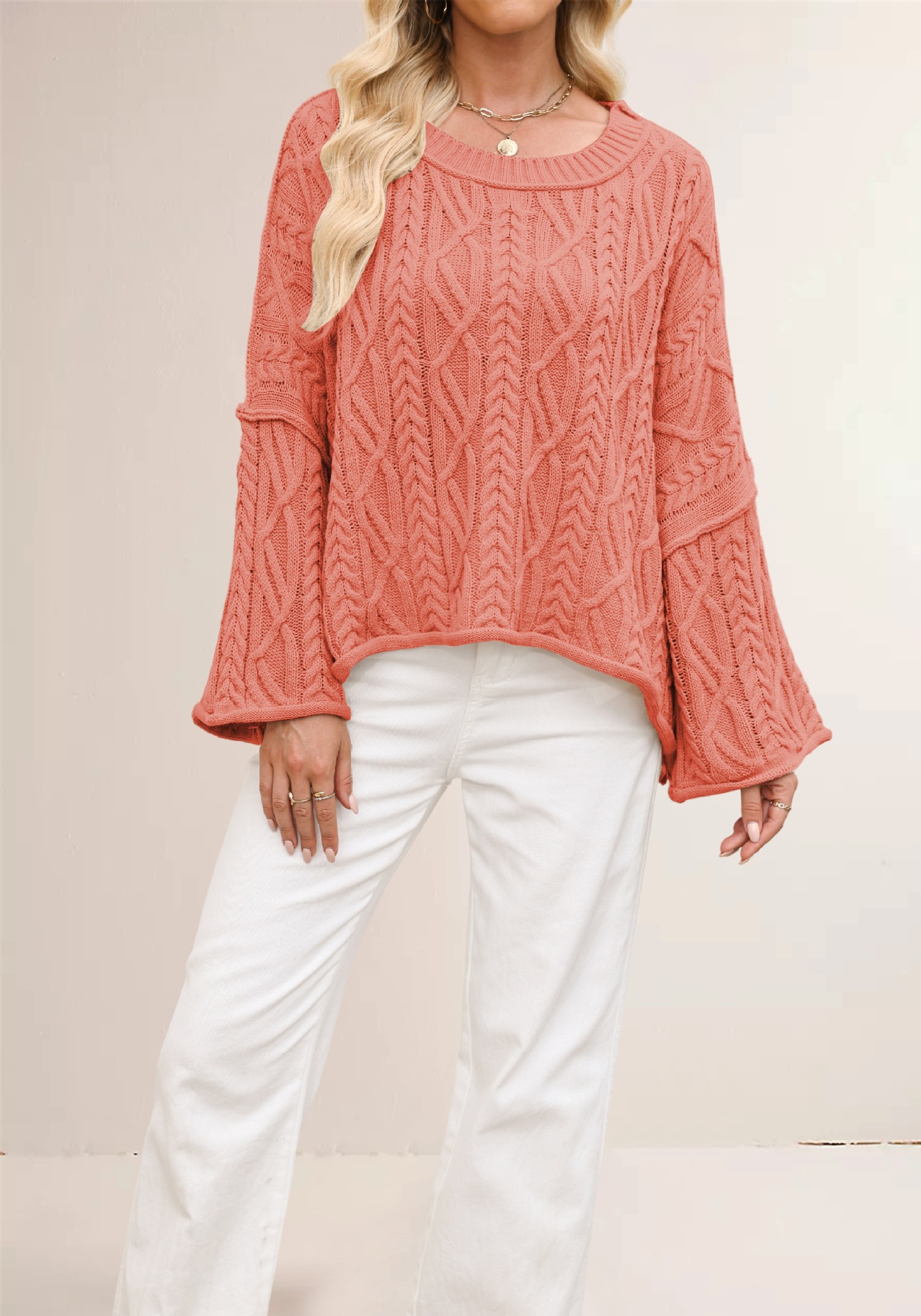 Cable Knit Cropped Sweater Plus Size Loose Crew Neck Pullover