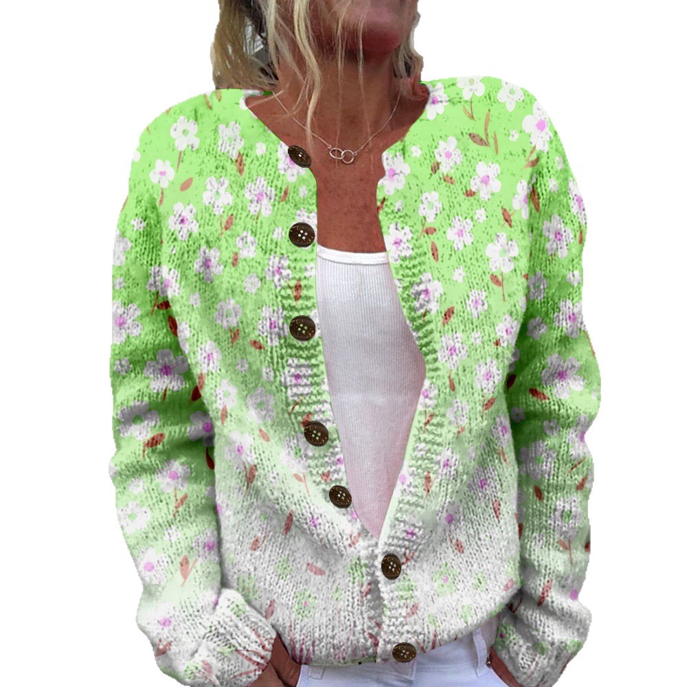 Women's Plaid Floral Print Button-Down Cardigan Sweater