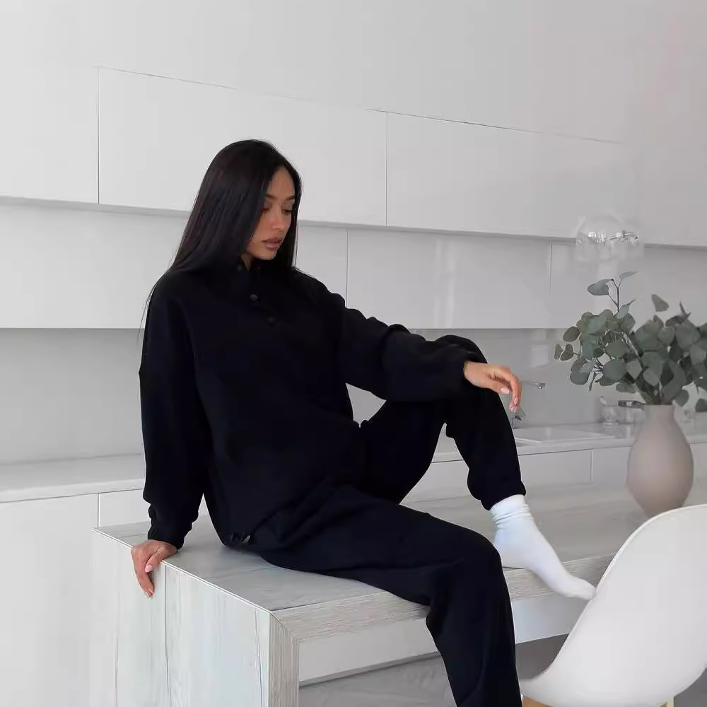 Women's Solid Fleece Sweatshirt and Pants Two-Piece Set Casual Lounge Outfit