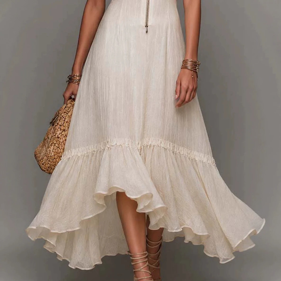 Women's Short Sleeve V-Neck Cinched Waist Zip Ruffle Midi Dress