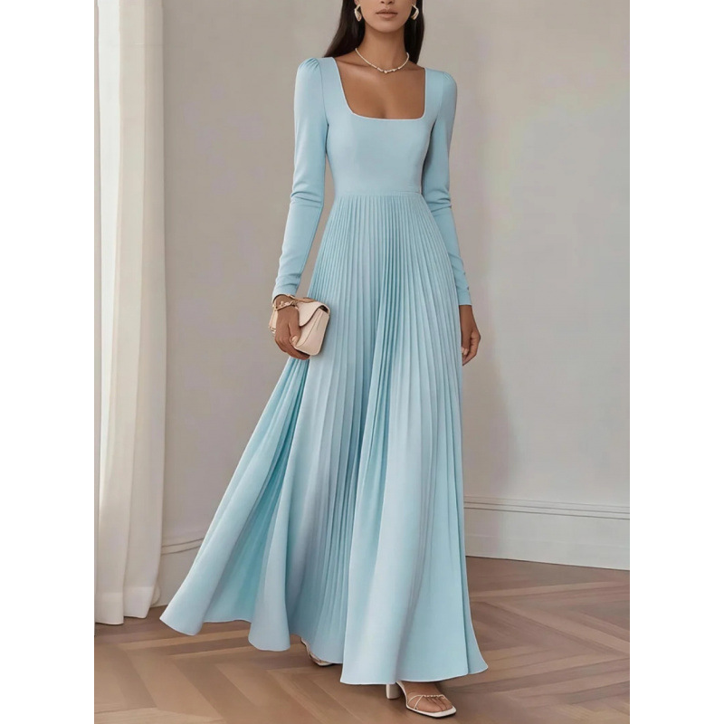 Square Neck Long Sleeve Pleated Maxi Dress Waist-Cinched Evening Gown