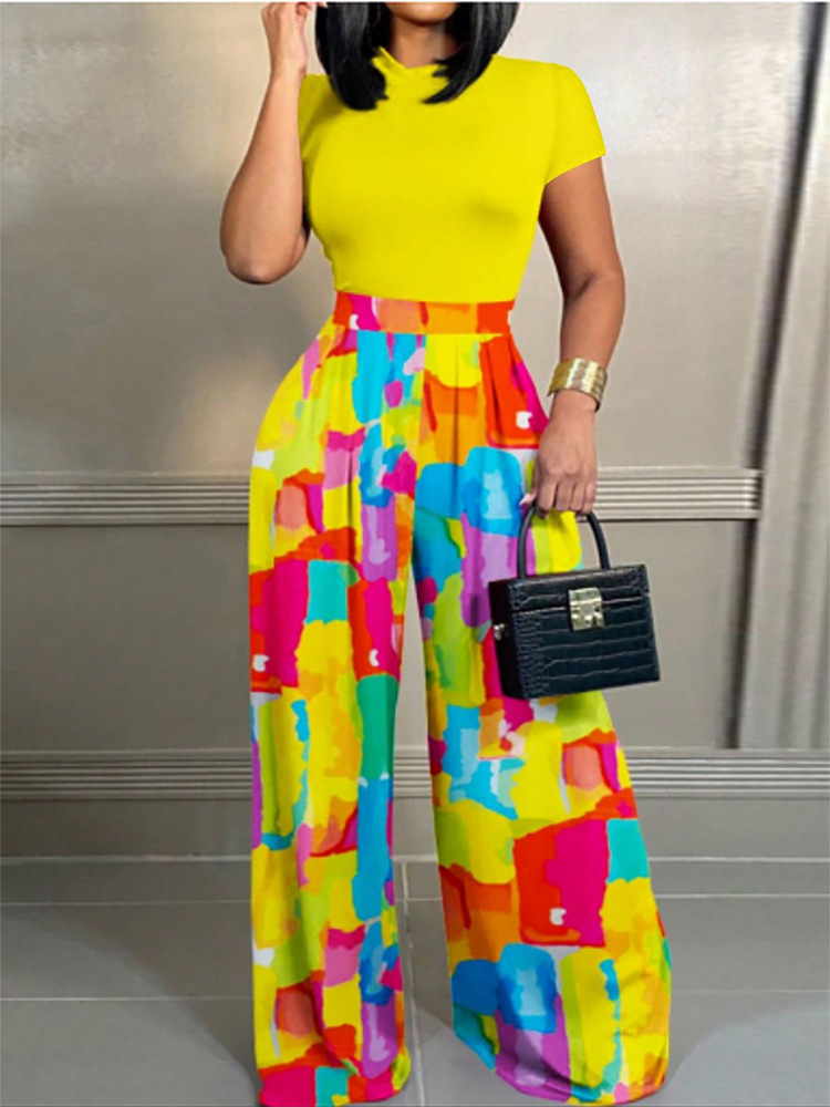 Women's Sleeveless Printed Wide-Leg Pants Set Commuter Two-Piece Outfit