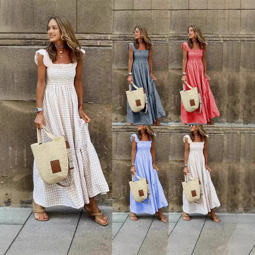 Plaid Patchwork Sleeveless Maxi Dress with Elastic Waist