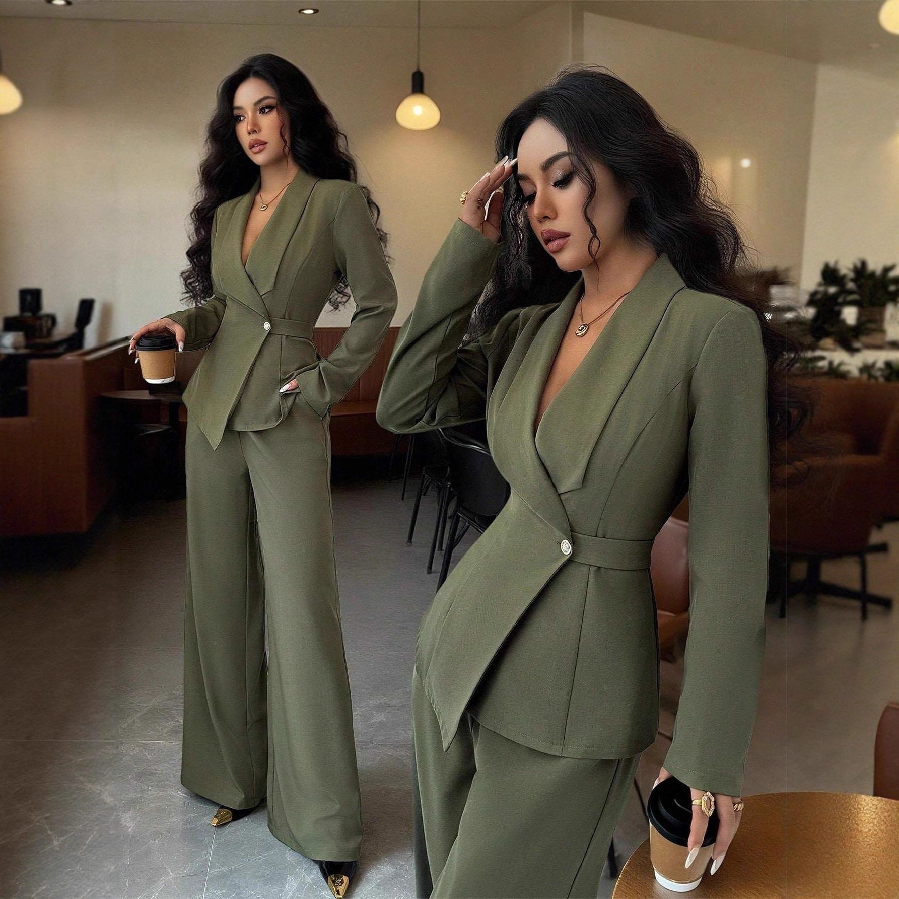 Belted Button Blazer and Wide-Leg Pants Two-Piece Suit