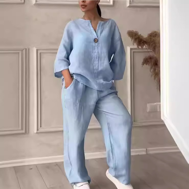 Women's Solid Color Cotton-Linen Casual Pant Set