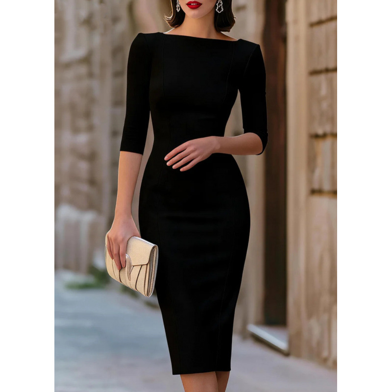 Women's Slim Fit Sheath Dress Mid-Sleeve Boat Neck Office Cocktail Dress