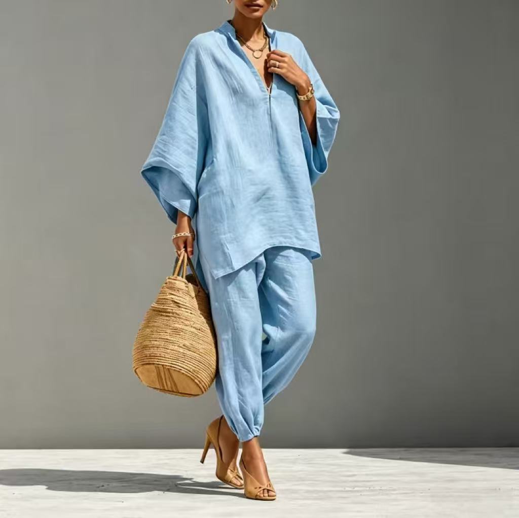 Women's Casual Batwing Sleeve V-Neck Loose Two-Piece Set