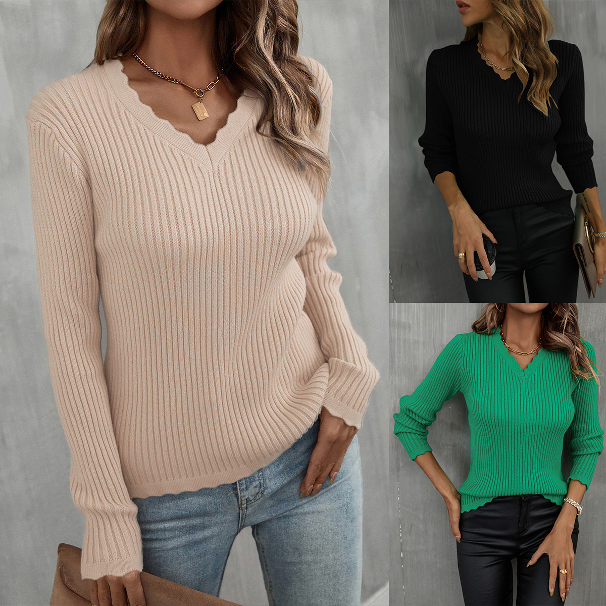 Women's Ribbed Knit Slim Fit V-Neck Pullover Sweater
