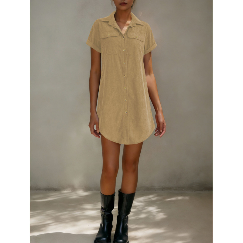 Corduroy Shirt Dress Short Sleeve Collared Loose Fit