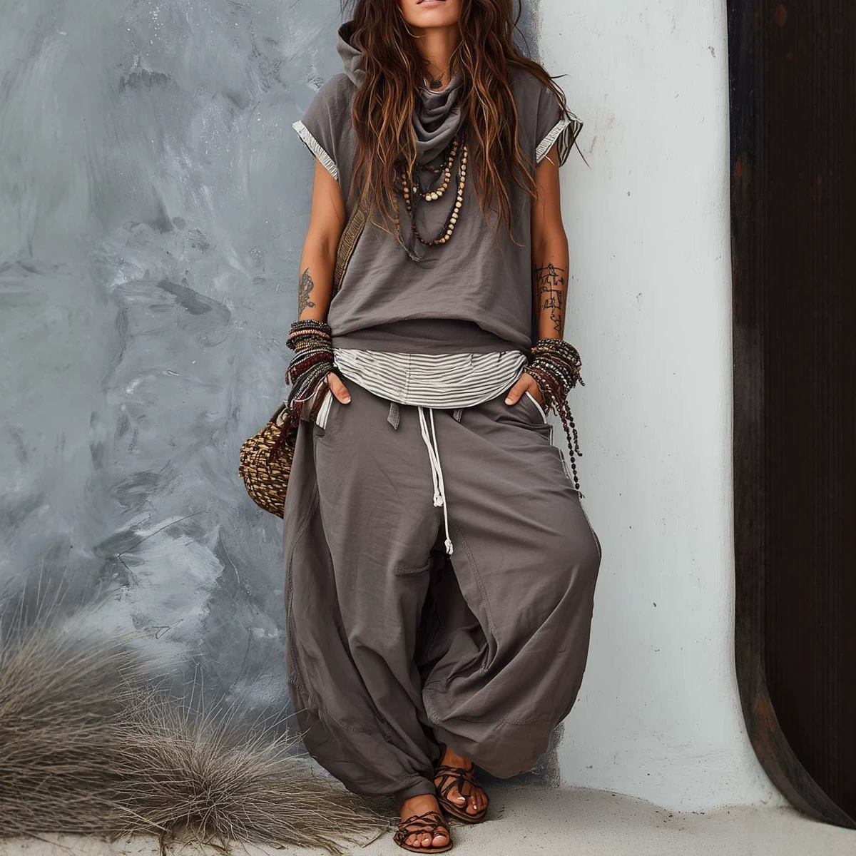 Bohemian Sleeveless Hooded Top & Harem Pants Two-Piece Set