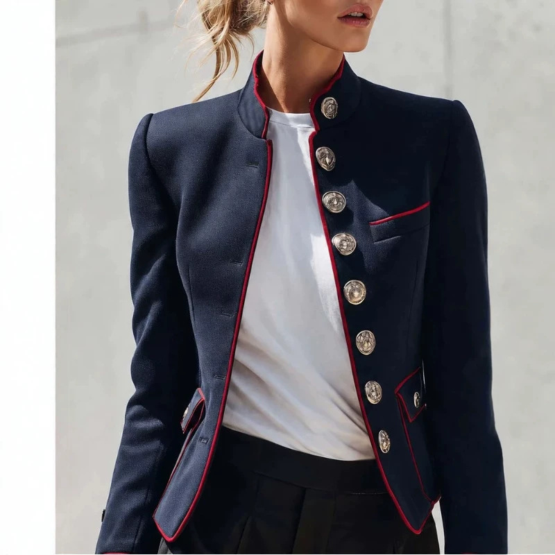 Elegant Stand-Collar Plaid-Cuff Navy Jacket