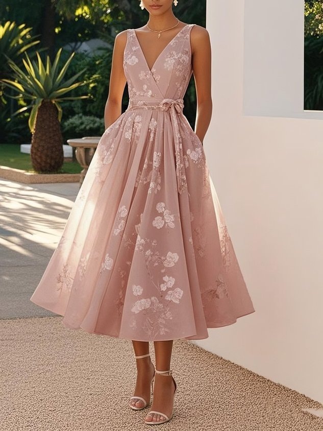 Sleeveless V-Neck Digital Print Dress for Evening Parties