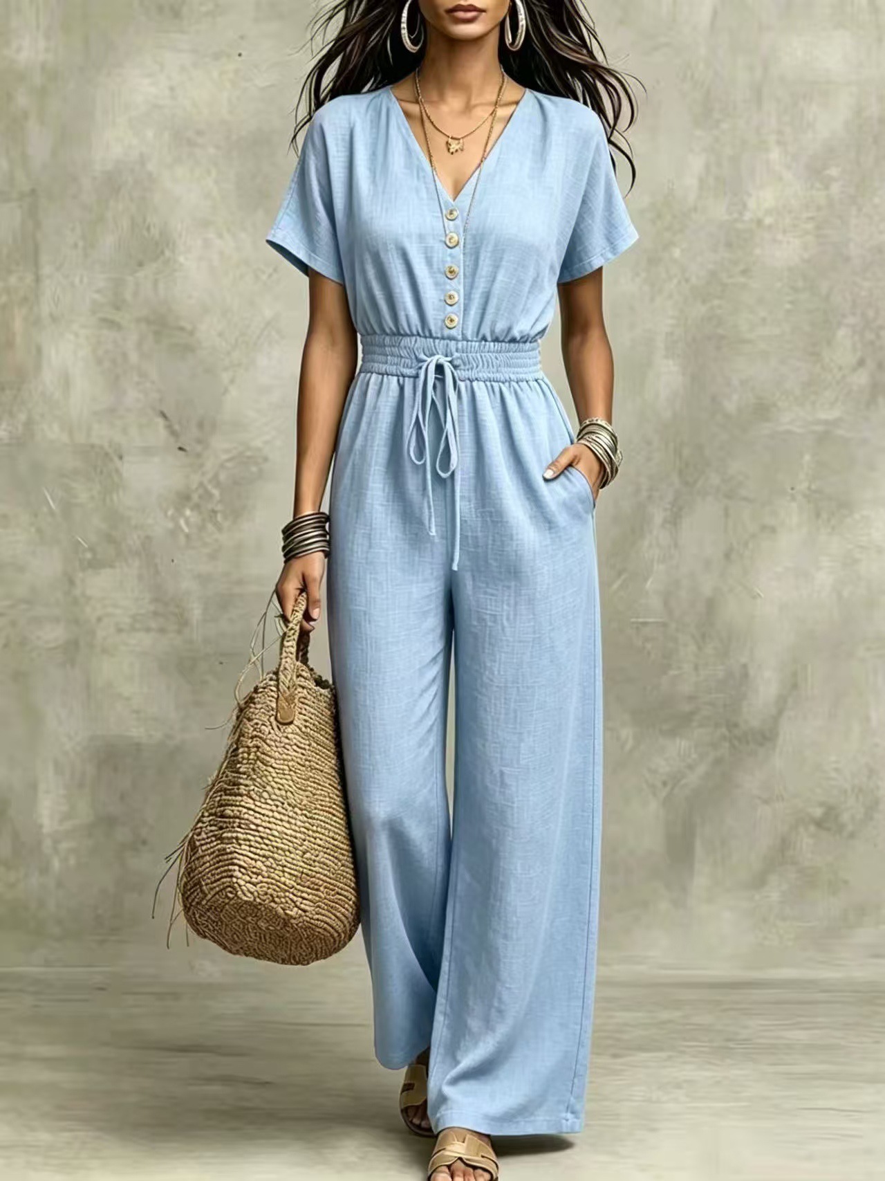 V-Neck Button-Front Short-Sleeve Drawstring High-Waist Wide-Leg Cotton-Feel Jumpsuit