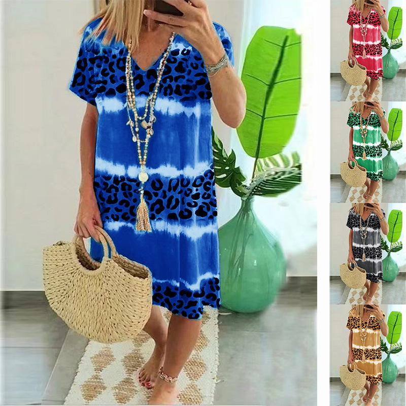 Women's Short Sleeve Leopard Print V-Neck Casual Midi Dress