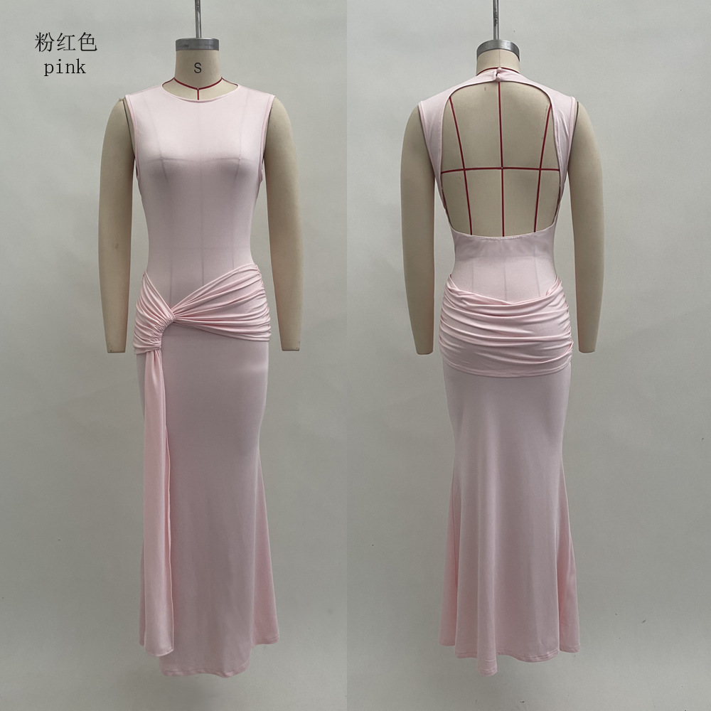 Women's Sleeveless Bodycon Maxi Dress with Open Back and Pleated Detail
