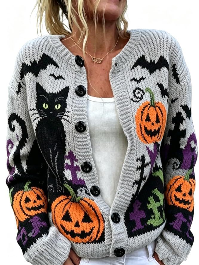 Halloween Cat Pumpkin Castle Bat Print Women's Cardigan