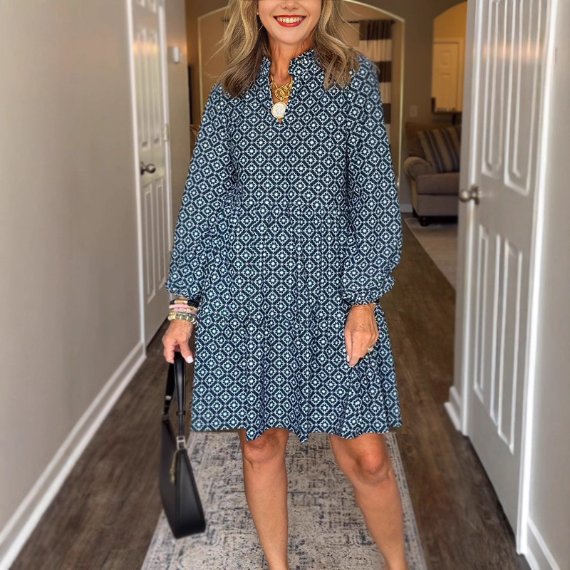 V-Neck Three-Quarter Sleeve Diamond Print A-Line Dress