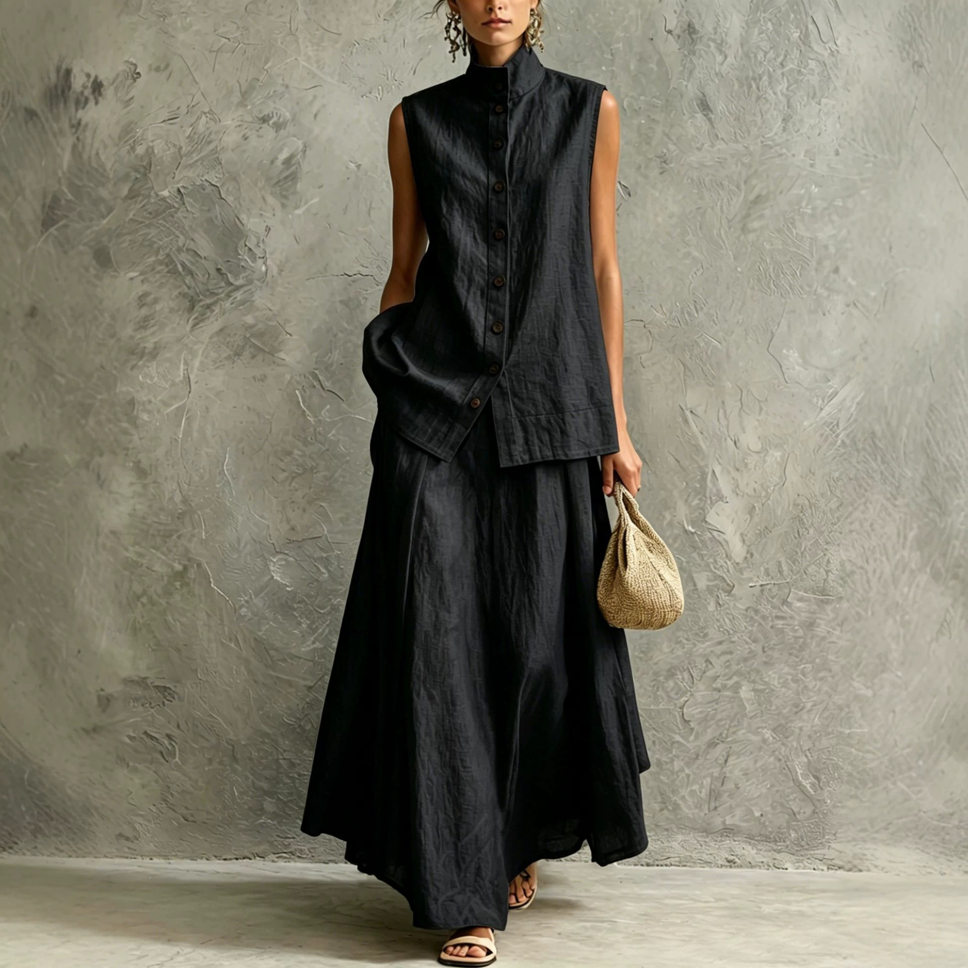 Women's Solid Color Button-Down Shirt and Midi Skirt Set