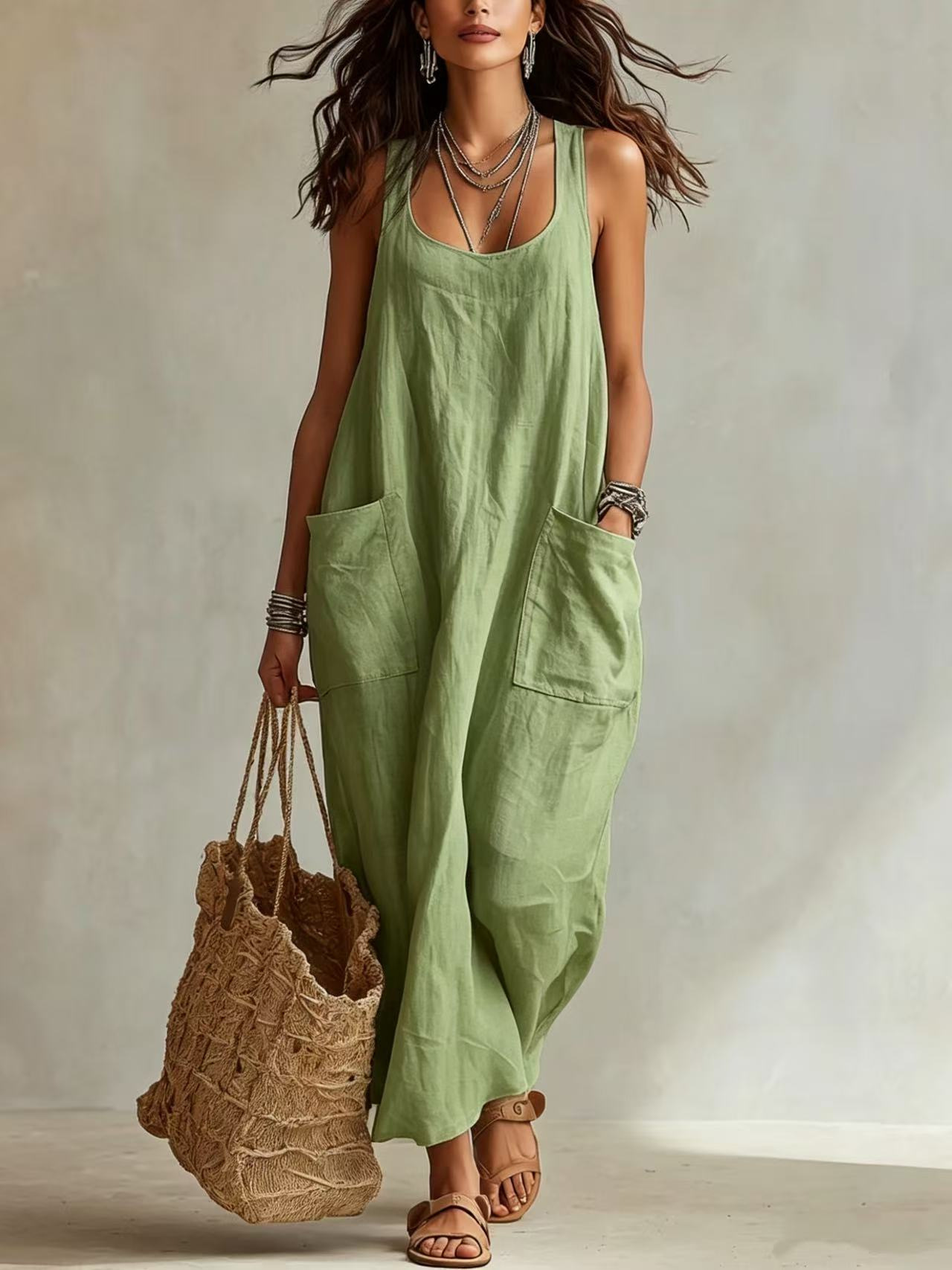 Women's Sleeveless Maxi Dress with Pockets Casual Solid Color