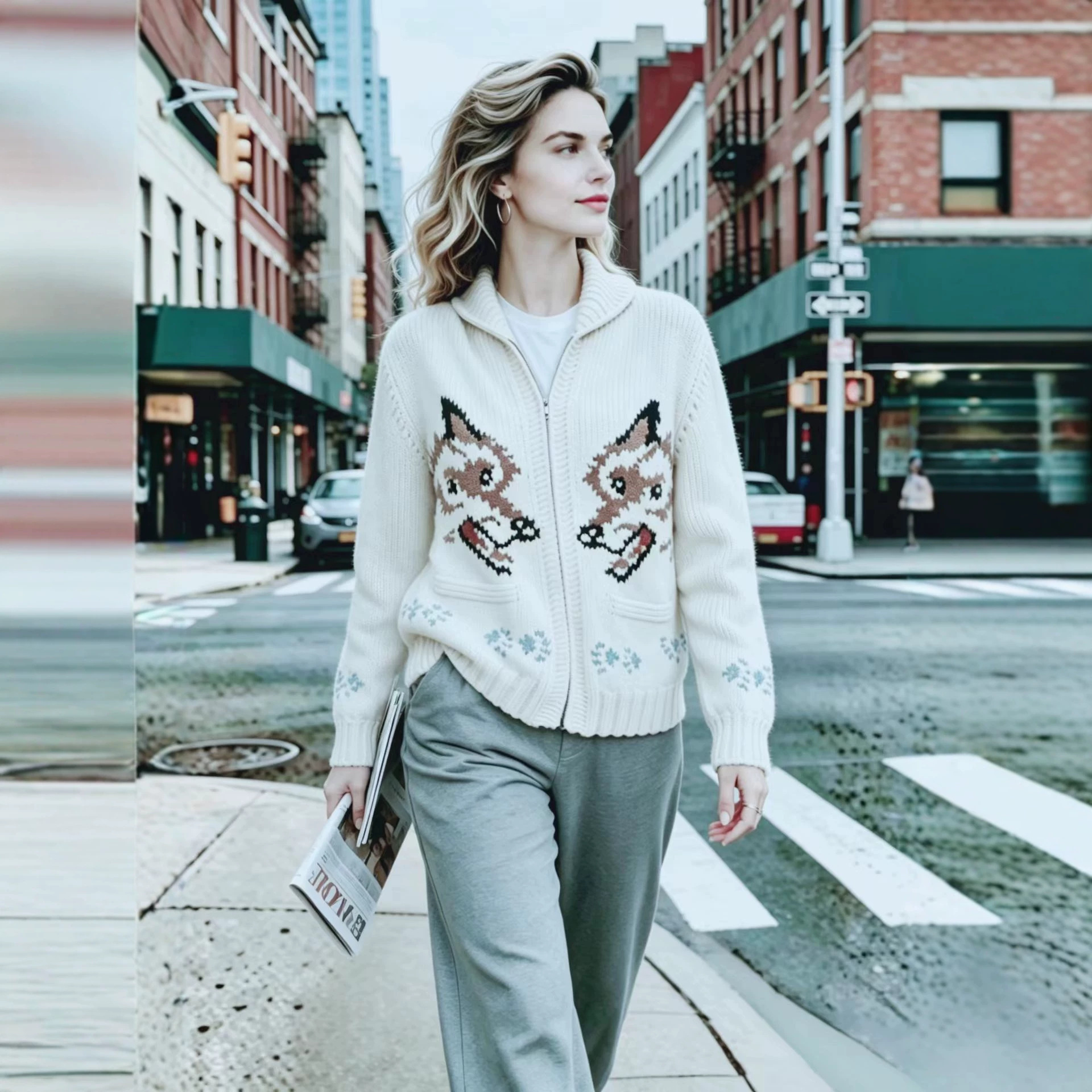 Retro Double Wolf Jacquard Zip-Up Knit Cardigan Women's Loose Lazy Sweater