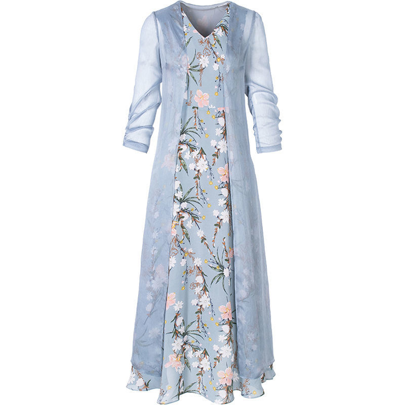 Women's Chiffon Two-Piece Dress Set with Floral Print and V-Neck