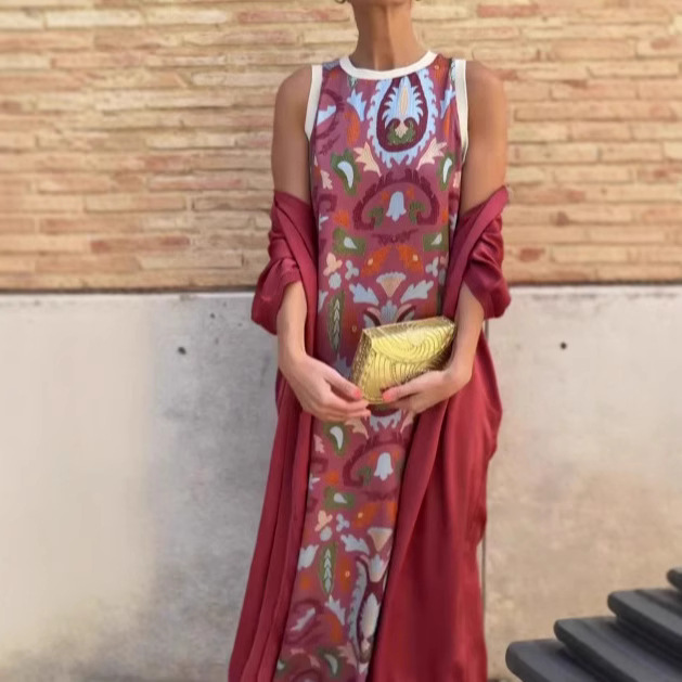 Women's Printed Two-Piece Dress Set with Cape