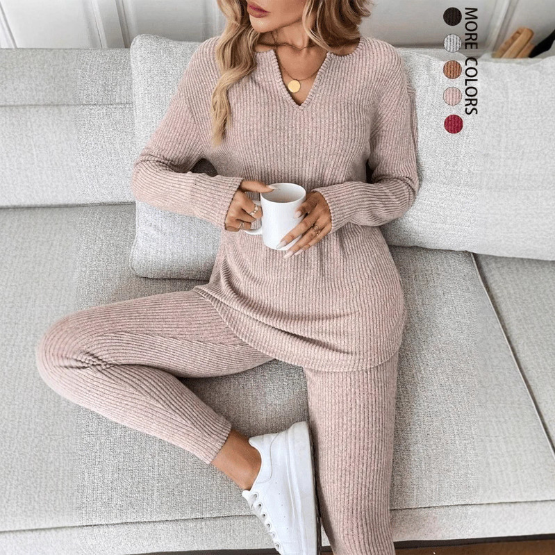 Women's V-Neck Lounge Set Long Sleeve Solid Color Two-Piece