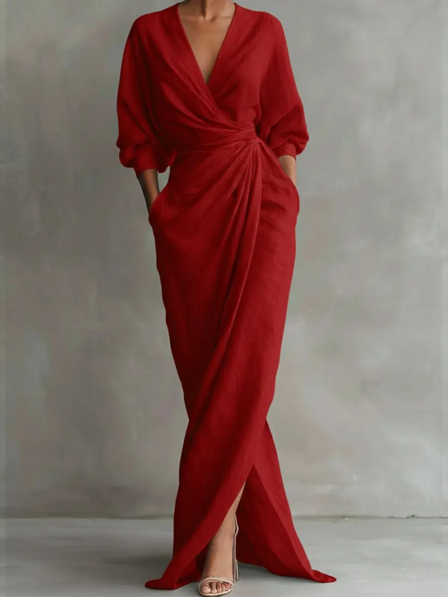 Women's Long Sleeve V-Neck Maxi Dress Solid Color Pleated A-Line Casual