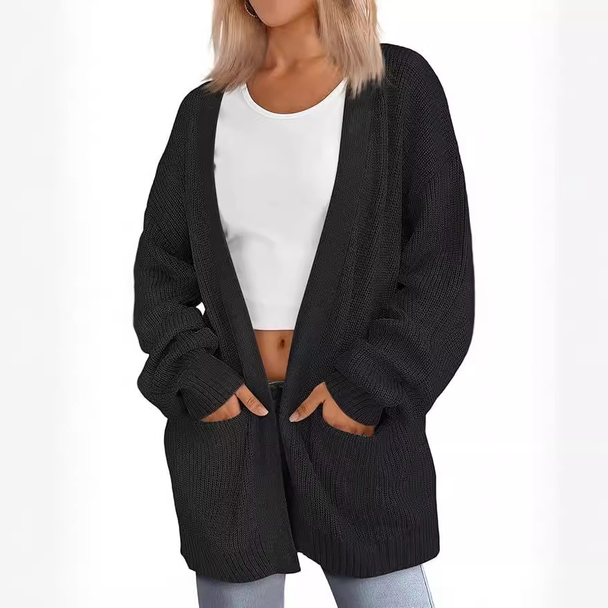 Women's Long Knit Cardigan Loose Cable Knit V-Neck Sweater Coat with Pockets