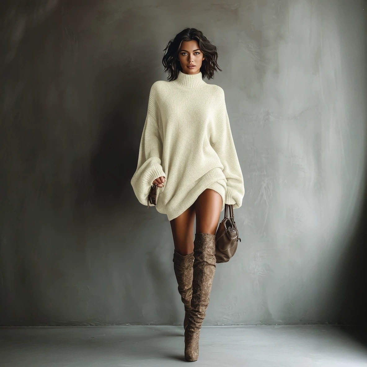 Retro Turtleneck Knit Mini Dress Loose Slouchy Sweater Dress